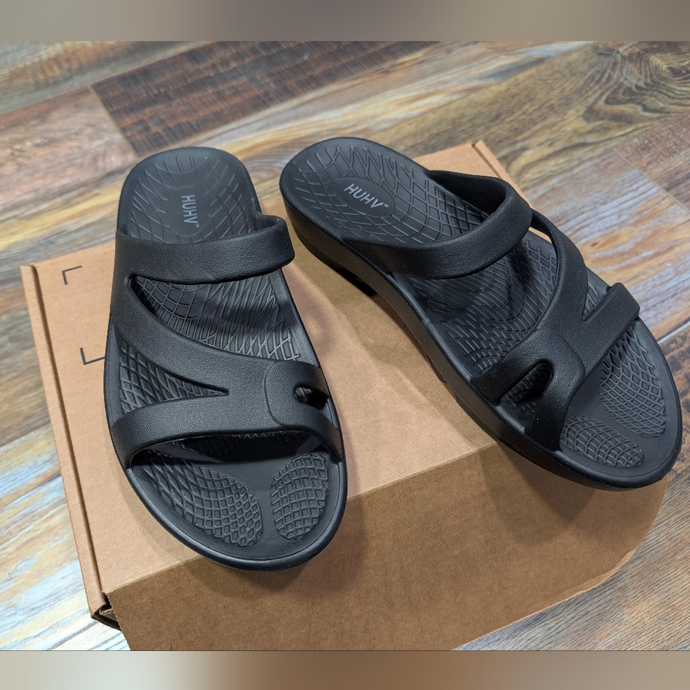 Women HUHV Z Strap Recovery Comfort Slide Sandals Size 9 Black